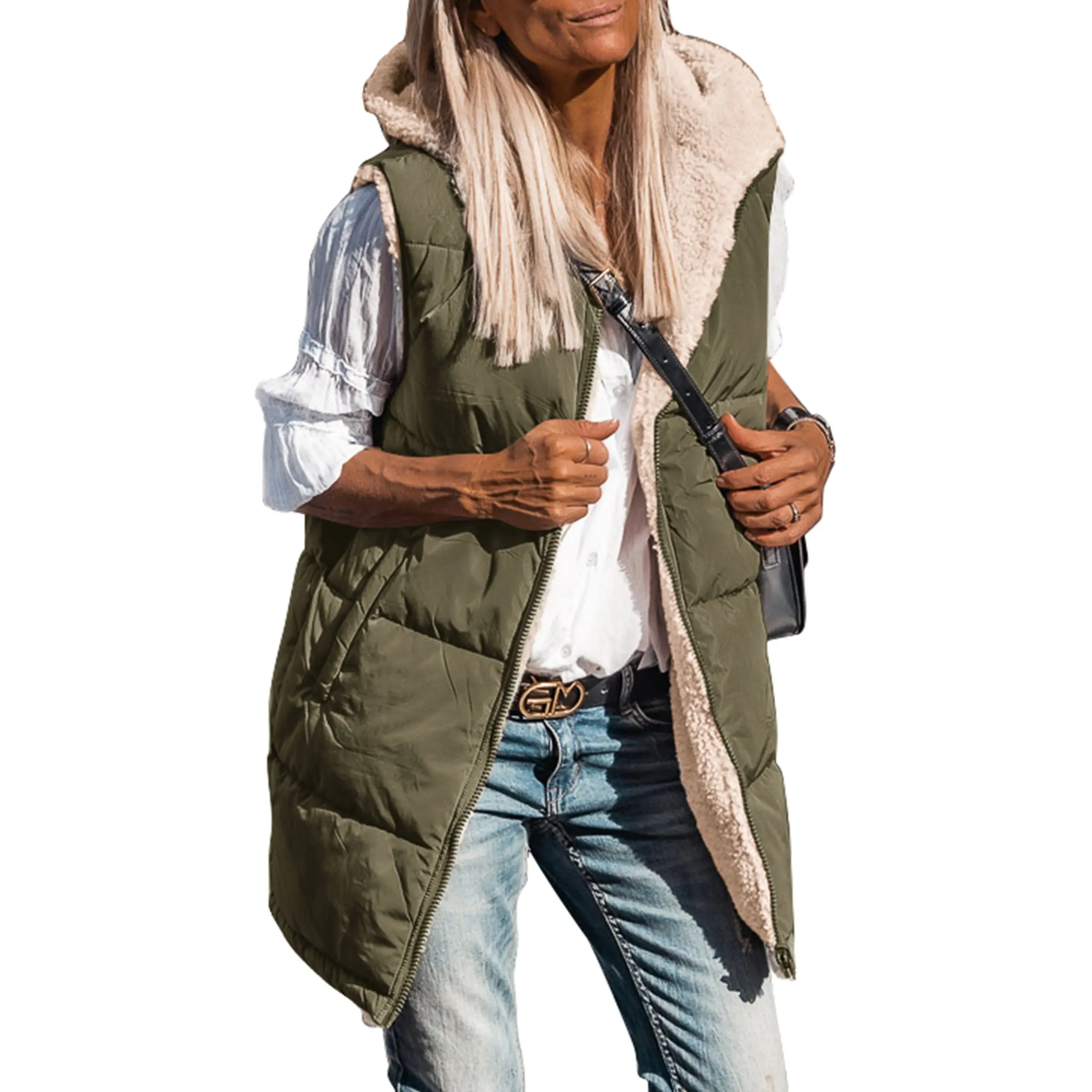 PRETTYGARDEN Women's Army Green Reversible Fleece Vest with Pockets & Hood Zip Up Long Outerwear Coats Machine Washable Minimalist Tops PRETTYGARDEN Women's Army Green Reversible Fleece Vest with Pockets & Hood Zip Up Long Outerwear Coats Machine Washable Minimalist Tops