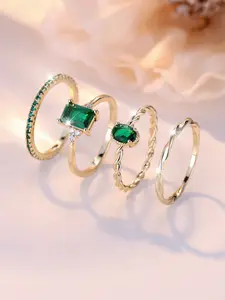 Exquisite Green Rhinestone Decor Geometric Design Ring Set - Stackable Rings for Women & Girls Delicate Jewelry Perfect for Engagement Weddings, Daily Wear Mother's Day Gift