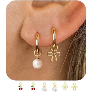 Gold Hoop Earrings and Charm Set for Women Trendy: 14K Gold Plated Small Huggie Hoop Earrings Interchangeable Dangle Charm Set Hypoallergenic Cute Earrings Jewelry Pearl Bow Cherry Charms