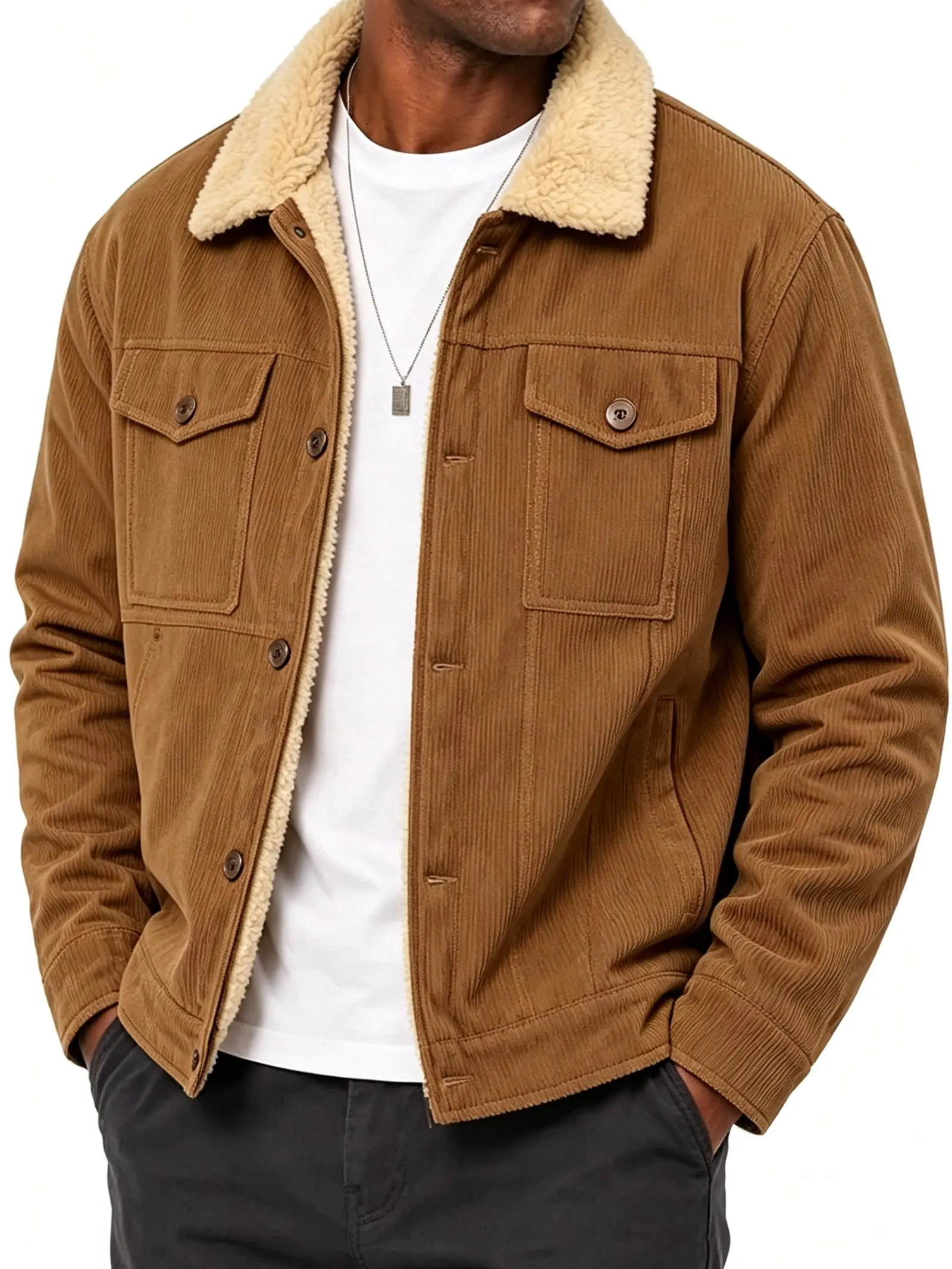 Men’s American vintage fleece-lined corduroy workwear jacket with turn-down collar, warm short length Menswear Coats