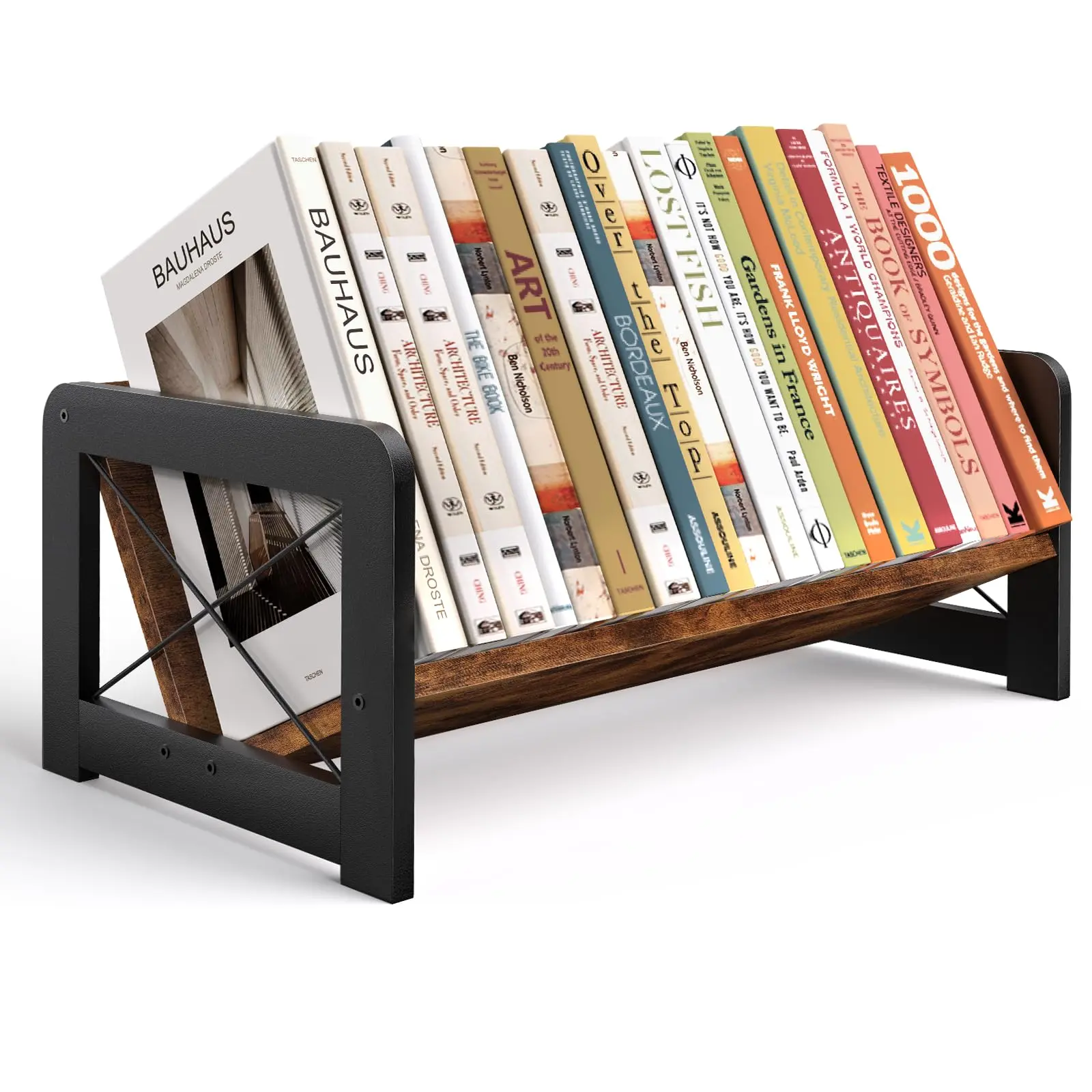 Desktop Bookshelf Organizer  Wood Slanted Desk Small Tabletop Book Rack Portable Mini Bookcase For Display Cookbooks Reading Office & Home Storage Rustic Brown