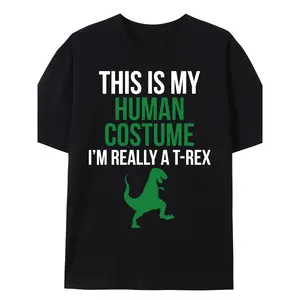 Funny T-Rex Dinosaur Costume Tee - "This Is My Human Costume I'm Really a T-Rex" Graphic Shirt - Black with Green Text - Adult Halloween Party Outfit - Soft Breathable Cotton Crew Neck Everyday Funny Dino Shirt - Birthday Gift for Men Women, Humorous Appa