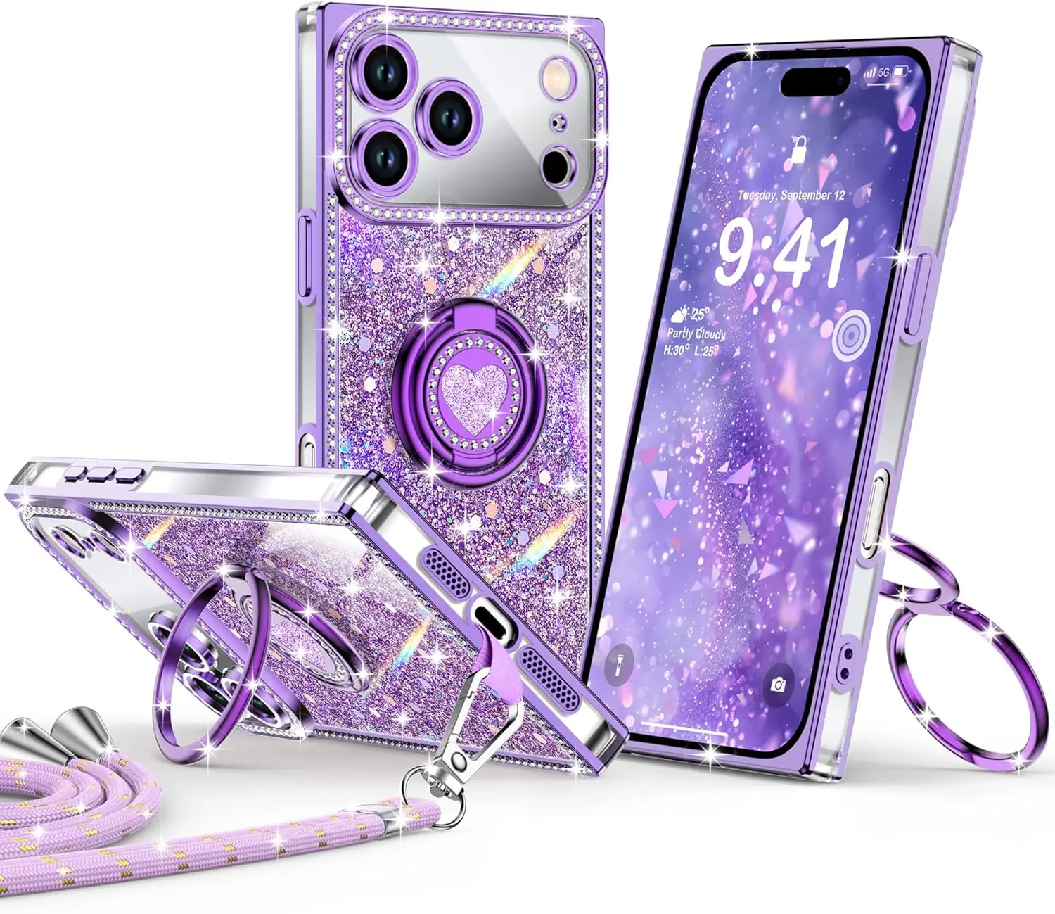 XYZ Shiny Emerald Smartphone Cover - Luxury Rhinestone Shockproof Protector Accessory with Double-Ring Heart-Shaped Stand, Lanyard, Gift for Women, Cellphone Accessories, Casing
