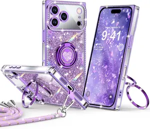 XYZ Shiny Emerald Smartphone & Cellphone Casing - Luxury Rhinestone Shockproof Protection Accessory with Double-Ring Heart-Shaped Stand, Strap, Gift for Women