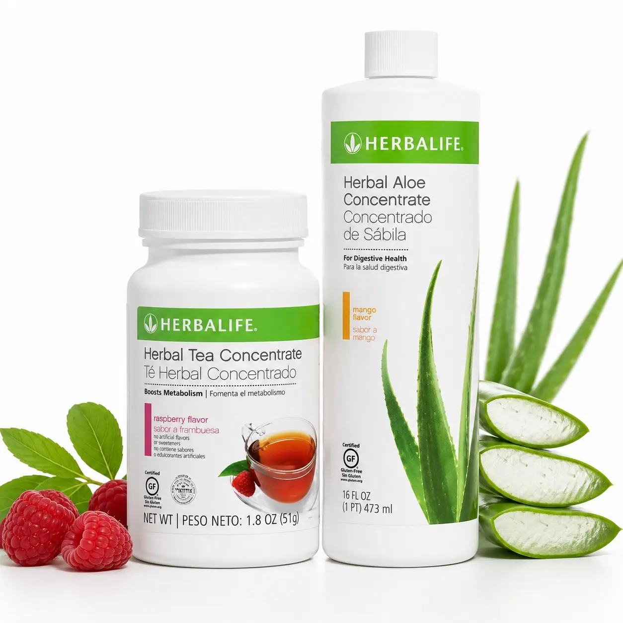 Herbalife Raspberry Tea Concentrate & Mango Aloe Beverage Bundle Pack, Maltodextrin-Infused Drinks for Adults, Everyday Use, Contains Tea Extract, 1.8 Oz
