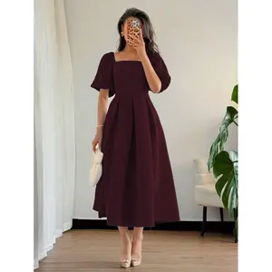 Women's Elegant Chic Minimalist Ruffle Hem Puff Sleeve A-Line Dress, Suitable For Commute, Office, Business, Casual, Holiday, Afternoon Tea And Party, Spring/Summer