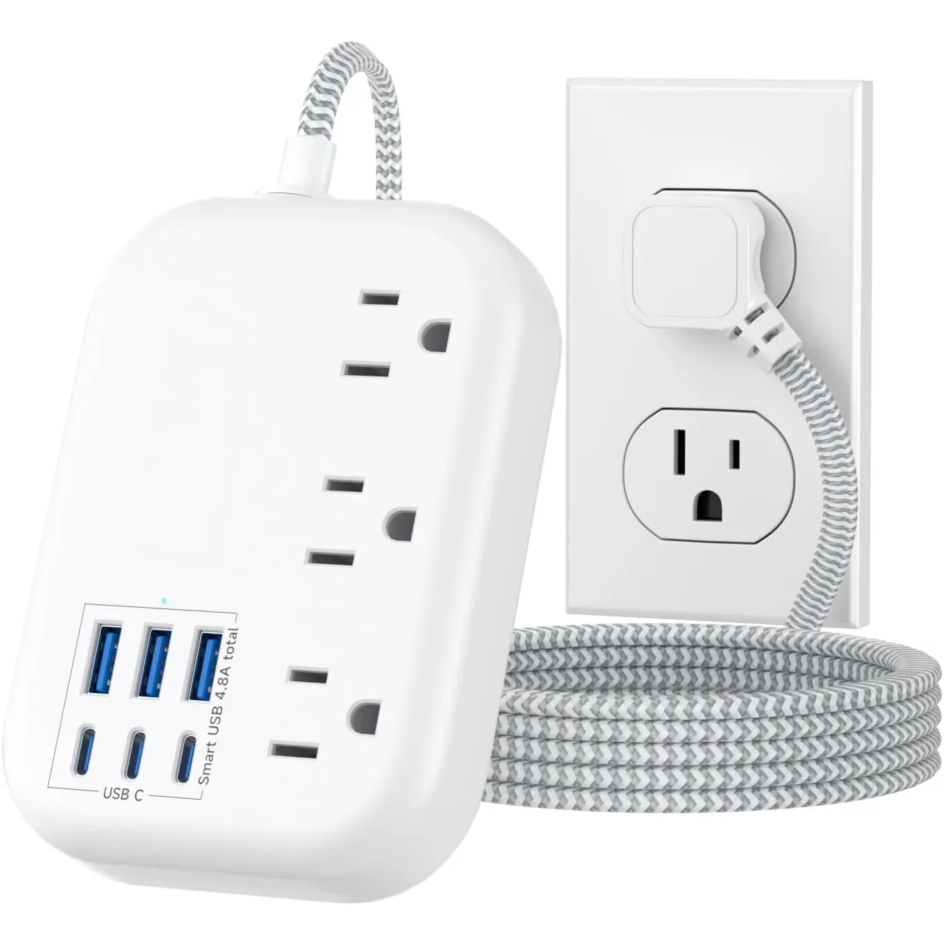 TravelPowerStrip 6 USB 3 USB C Power Strip with 24W/4.8A Desktop Station & 3 Outlets 5Ft Flat Plug Braided Cord for Cruise Ship Office Dorm