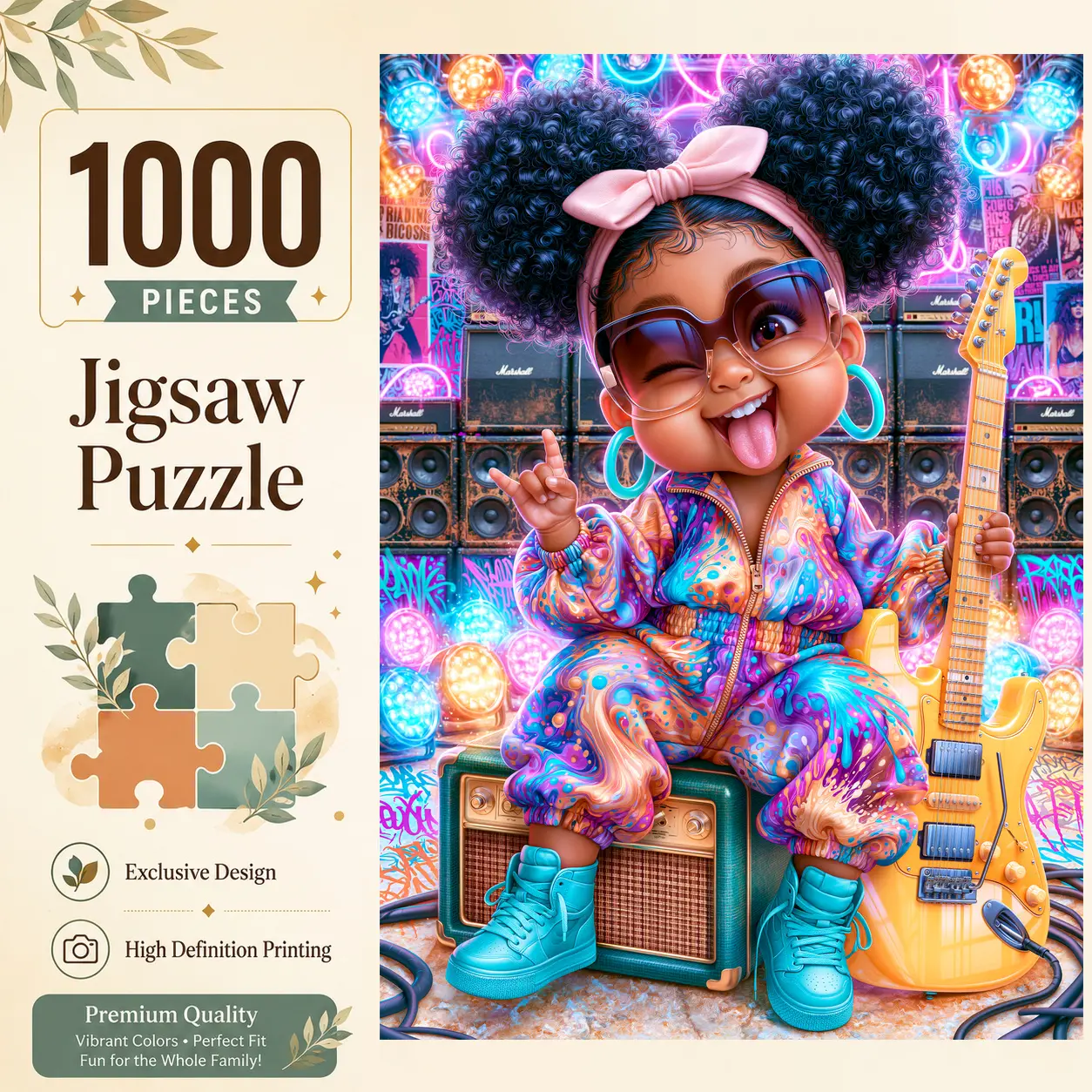Rock Star Guitar Girl 1000 Pieces Jigsaw Puzzle, Colorful Neon Music Art for Adults, Challenging Family Game for Stress Relief Relaxation Brain Exercise, Wall Decor Gift for Girls Women and Seniors, 19.7×29.5 inches（50×75cm）