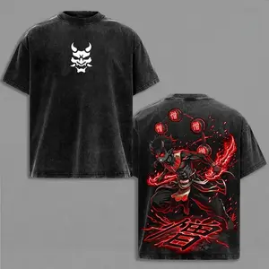 Hip Hop Trendy Oversized Casual Tee Men Women Retro Distressed Washed Fabric Anime Demon Slayer Hantengu Evil Demon Warrior Design Front Back Double Print Double‑Sided Washed Double‑Sided T‑Shirt Daily Streetwear