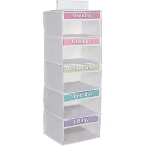 Weekly Clothes Organizer for Kids – 5 Shelf Hanging Closet Storage for School Outfits Monday to Friday Daily Clothing Divider with Color Labels 33" Durable Polyester
