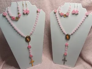 8mm Amor Rosary Light Pink Glass Beads in Silver Toned or Gold Toned with Matching Earrings and Adjustable Bracelet Set