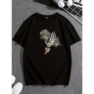 Skull Hand and Dollar Print T-Shirt, Men's Fashion Breathable Street Style, Simple Comfortable Top, Summer Casual Round Neck Short Sleeve T-Shirt, Round Neck, Casual Style, Loose Fit, Summer