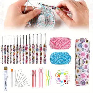 14 Pcs Crochet Hook Set with 2 Yarn Balls Storage Bag & Ergonomic Design,Soft Rubber Grip Knitting Needles Kit for Crochet Beginners,Knitting Enthusiasts,Valentine's Day Gifts,DIY Hand Tools Kits