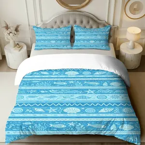 3PCS Duvet Cover Set, 1 Duvet+2 Pillowcases(Without filler), Oceanic Seashell Starfish Wave Fish theme, Summer bedding set, Blue Sea Pattern Suitable for decoration Bedroom Living Room Guest Room Coastal Cottage.