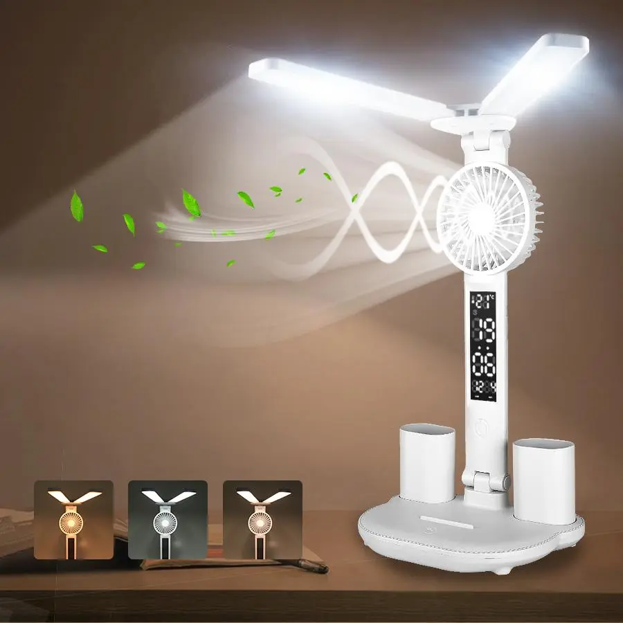 Desktop LED Light with Fan & Pen Holder, Dimmable Eye Protection Reading Lamp, Multifunctional Desk Lamp for Bedroom Student Dormitory, Adjustable Lights, Height Adjustable Lamp, Home Lighting, Lighting Modes Adjustable