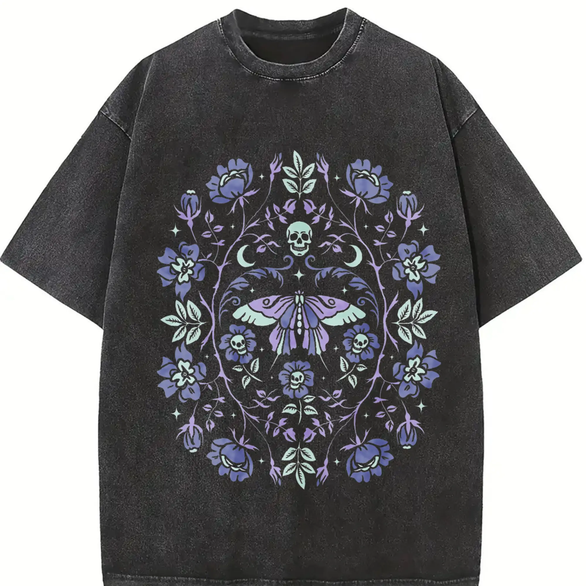 Men's Vintage Gothic Streetwear Short-Sleeve Round Neck Casual T-Shirt - Dark Academia, Floral Skull, Creepy Cute Pastel Goth, Botanical Butterfly Graphic Top for Women, Shortsleeve