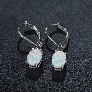 White Fire Opal Drop Earrings Sterling Silver Dainty Minimalist Women Dangle Jewelry