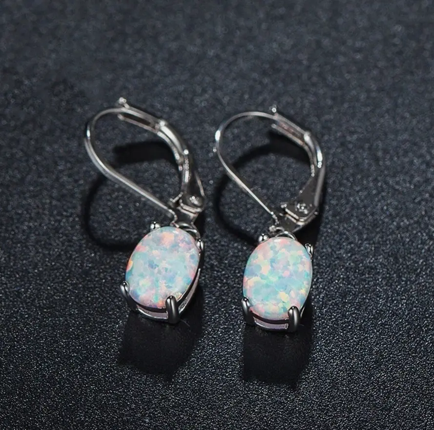 White Fire Opal Drop Earrings Sterling Silver Dainty Minimalist Women Dangle Jewelry