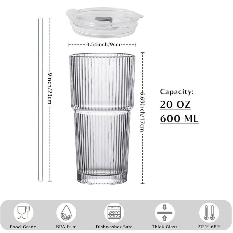 Set of 2 - 20oz Ribbed Glass Tumblers w/ Lids & Straws | Shatter-Resistant & Elegant | Leak-Proof Lid for Cold Drinks, Slushies, Ice Tea & More BritLuxuryFinds kitchen gadgets