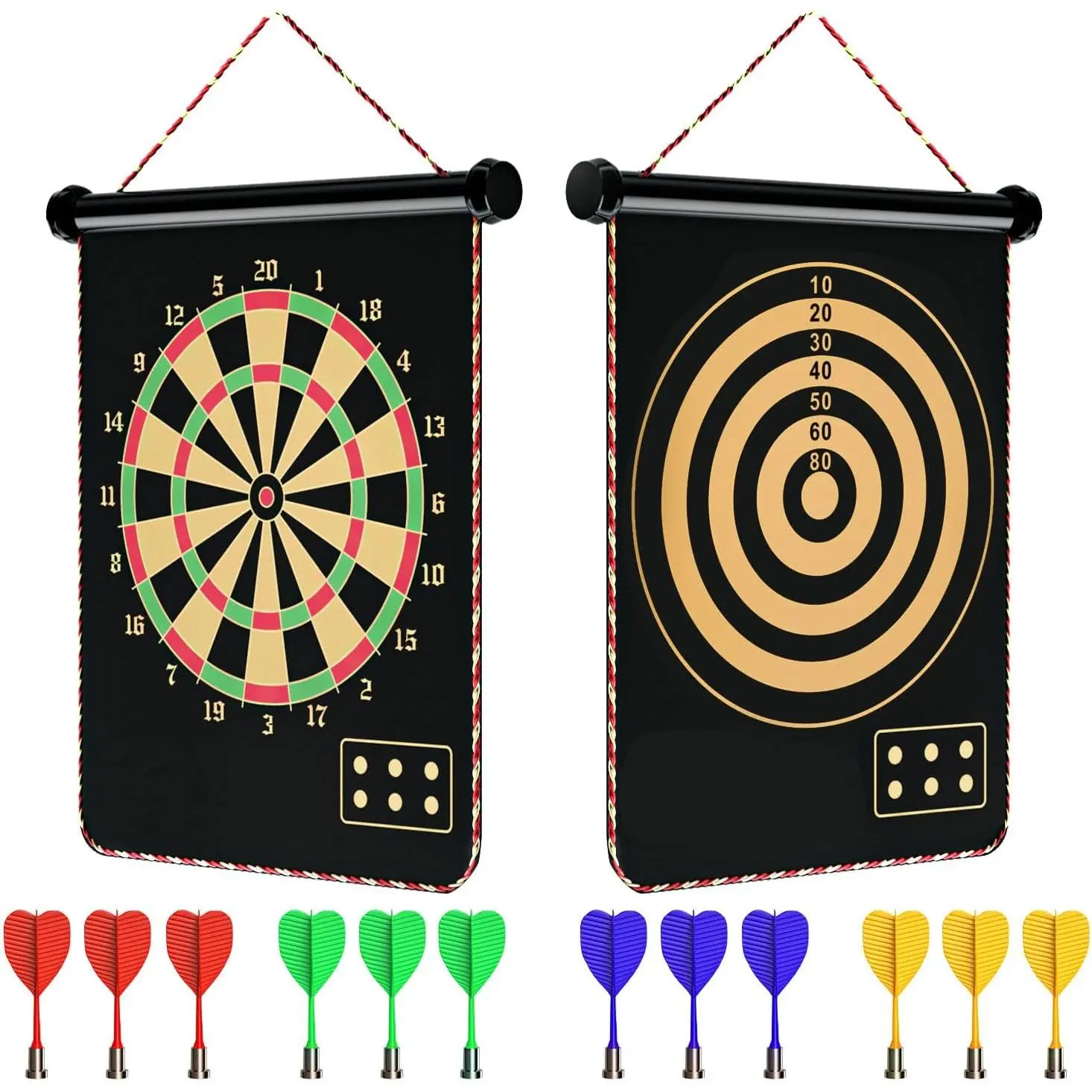 Magnetic Dart Board Game Set, 15-Inch Roll-Up Velvet Toy for Kids & Teens, Double-Sided with 12 Safe Darts, Birthday Gift for Teenage Boys