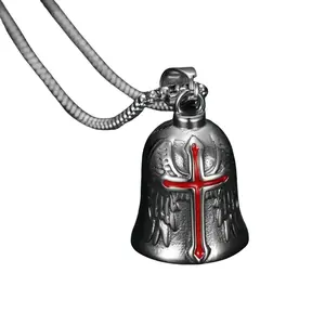 Biker Pendant Necklace for Men, Retro Punk Stainless Steel Angel Wing Jewelry with Red Cross Lucky Guardian Bell Amulet