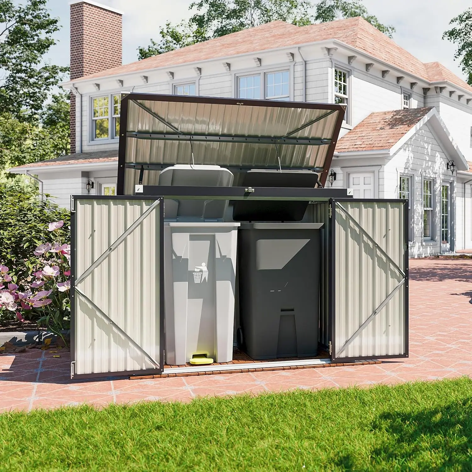 Jolydale 80 Cu. Ft Outdoor Trash Can Storage, Outdoor Storage Shed, Horizontal Metal Shed w/Lockable Doors & Waterproof Lid Chain - Holds Trash Cans, Toys, Garden Tools for Garden/Backyard/Patio