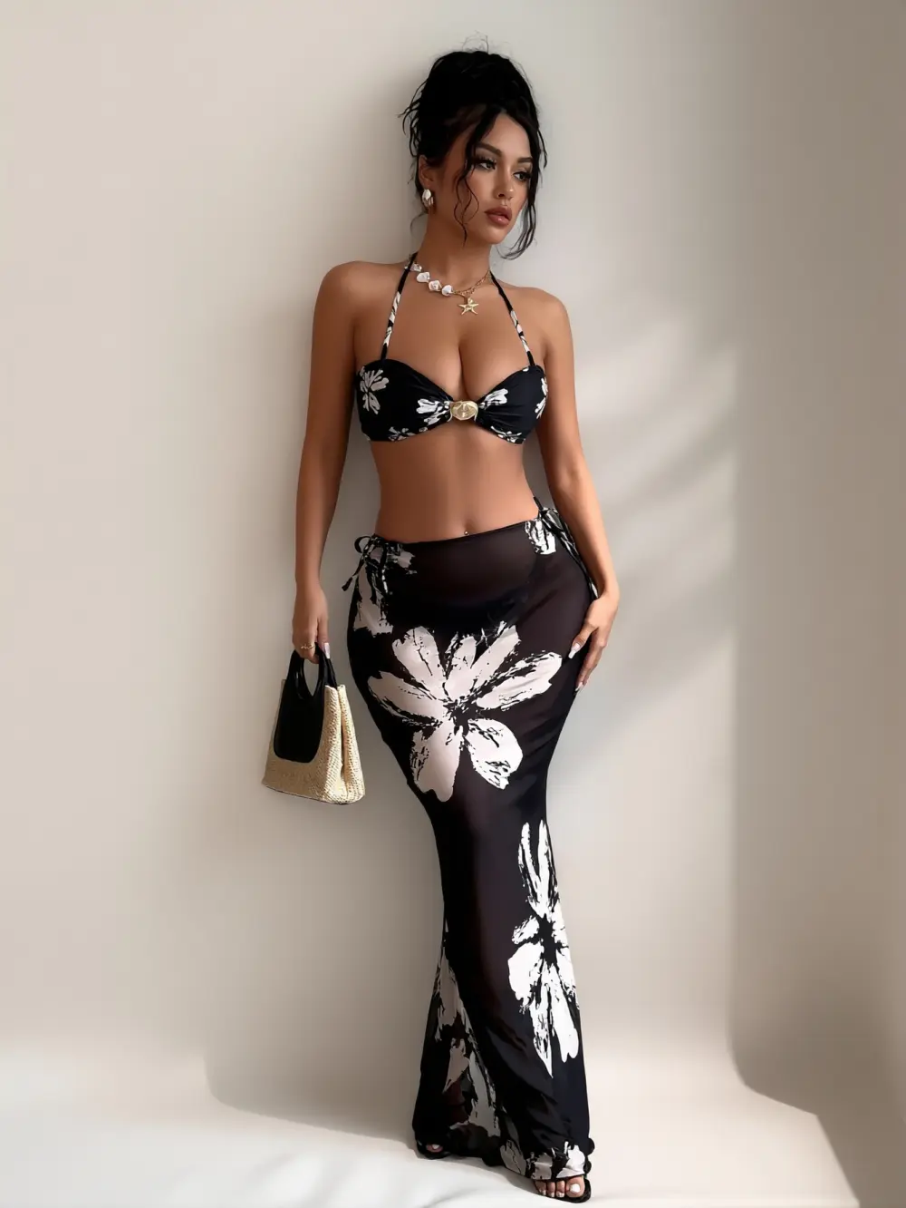 Women's 2-Piece Sporty Chic Black and White Floral Swimwear Set - Halter Gold-Tone O-Ring Bikini, Quick Dry Mesh Semi-Sheer Maxi Skirt, Cross Tankini with Tummy Control for Beach