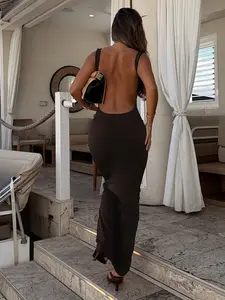 Elegant Backless Sexy Dress Women Versatile Slim Fit Knit Vest Long Skirt, Perfect for All Seasons, Stylish Solid Pattern Design, Womenswear