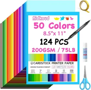 124 PCS Colored Cardstock 8.5" x 11", 50 Assorted Colors Construction Paper Bulk for Crafts, Thick Card Stock Colorful Printer Paper for Scrapbooking, Card Making, Kids School Supplies(200GSM)