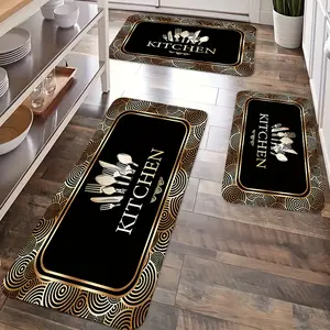 Elegant Black & Gold Kitchen Mat Set: Art Deco Pattern Non-Slip Floor Rugs with 'KITCHEN' Lettering & Utensil Design – Stylish 3-Piece Collection for Modern Kitchens & Dining Spaces