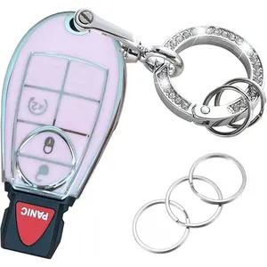 Key Protective Shell for Dodge Key Fob Cover with Keychain Fit for Dodge RAM 1500 2500 3500 Grand Caravan Journey Durango Jeep Grand Cherokee Smart Key Accessories (Pink-Silver, 4-Button)