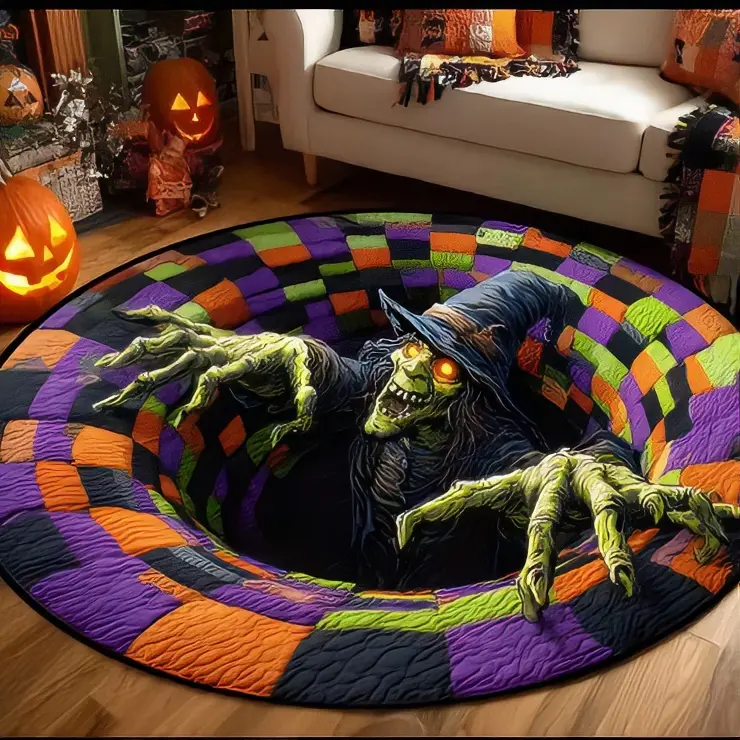 Halloween Round Rug 3D Skeleton Vortex Quilted Illusion Mat, A1:16" | Soft Non-slip Fabric Indoor Round Decor. Perfect For Living Room, Kitchen Or Bathroom Features A Spooky Depth Pattern.