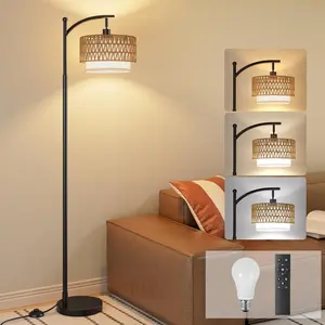 Boho Arc Floor Lamp with Remote, Stepless Dimmable Brightness & Color Temperature, Handwoven Rattan & Linen Shade, Farmhouse Tall Standing Lamp, Ideal for Living Room Bedroom Office(Black)