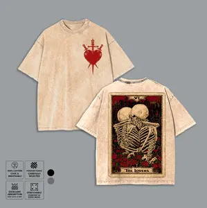 Gothic Skeleton Couple Washed Shirt, The Lovers Tarot Graphic Oversized Tee, Vintage Distressed Streetwear T-shirt, Unique Birthday Gift for Goth Fans