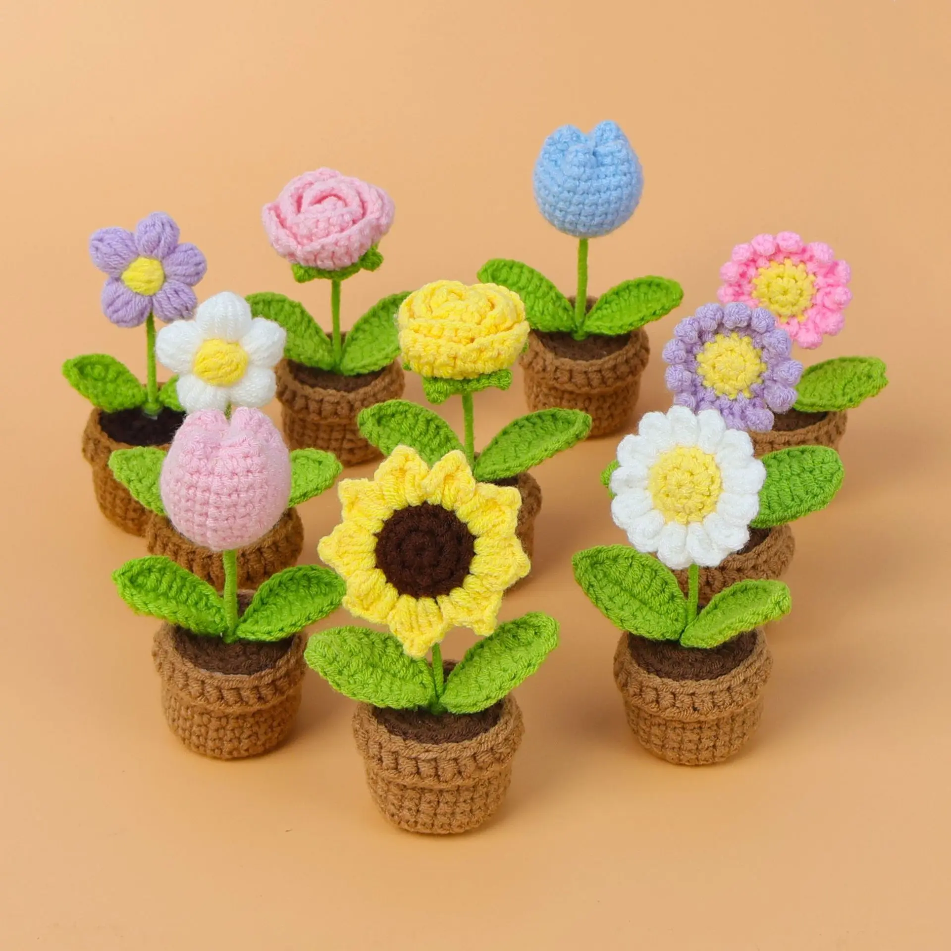 Whimsical Mini Floral Decor Set - Hand-Woven Sunflower Yarn Small Potted Finished Product, Tulip Rose Artificial Bouquet, Desk Decor Gifts for Home
