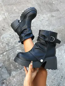 Women's Punk Style Thick Sole Chunky Heel Shoes, Wrinkle Design with Metal Buckle Decor, Retro Punk Fashion Sneakers for Trendy