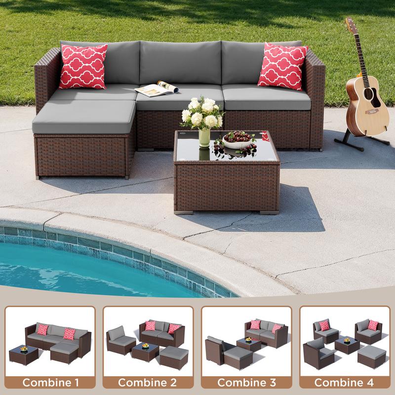 Gizoon 5 Pieces Patio Furniture Set All Weather Outdoor Wicker Sectional Patio Furniture with Cushion and Glass Table