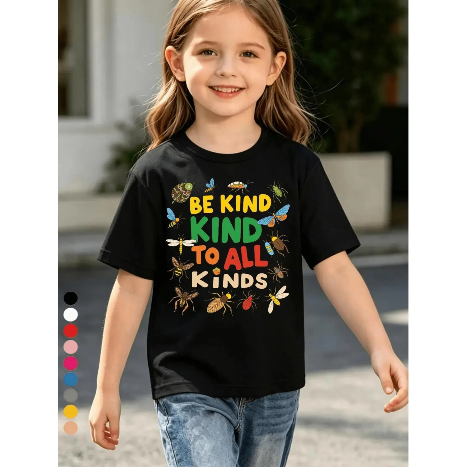 Girls 1-12 Years Short Sleeve Graphic T-shirt, 'Be Kind to All Kinds' Letter Print with Colorful Butterflies Bees Ladybugs Dragonflies And Beetles Design, Casual Basic Style Tops, Ideal for Daily Wear, School, Outdoor, Summer And All Season Use