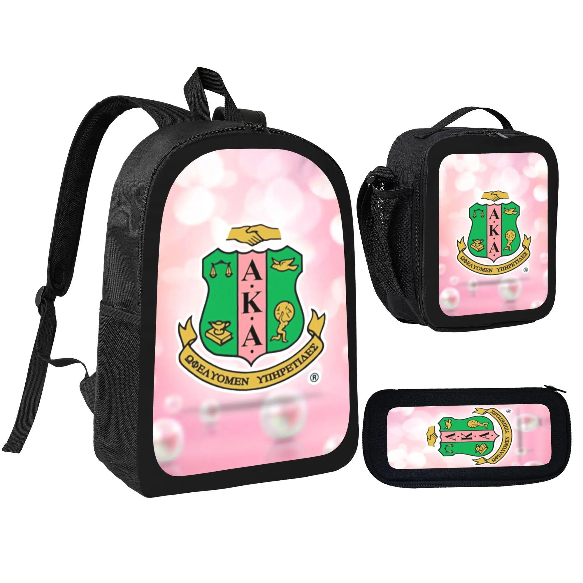 [3Pcs Backpack Set] Alpha Kappa Alpha Sorority Pink Bubble Crest Logo with Lunch Bag Pencil Pouch School Bag for Sorority Sisters Greek Life Students Campus Daily Use