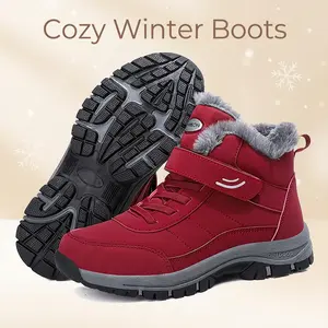 Wine Red Winter Snow Boots for Women - Fashion Outdoor Winter Boots with Gray Fur Lining Outdoor portable laceless hiking Footwear Walking Shoes Girl winter thermal zapatos  coquette ice boot Stylish Bota