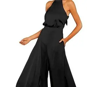 SDEER Womens Sleeveless Halter Tied Jumpsuit with Pockets High Waist Wide Leg Pants for Women Black Small Womenswear Overalls