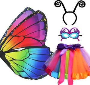 Butterfly-Wings Costumes for Girls Dress Up with Rainbow Tutu Mask Headband Bug Play Toys for Kids Party GiftsGift.