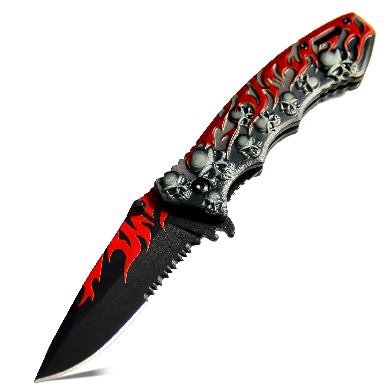 Red and Black Manual Folding Pocket Knife with Partially Serrated Steel Blade