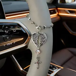 1pc Vintage Angel Feather Cross Car Accessory Steering Wheel Pendant with Chain，Women's Car Steering Wheel Decoration, Car Ornament, Car Hanging Decoration, Gift for Family and Friends, Car Interior Ornaments