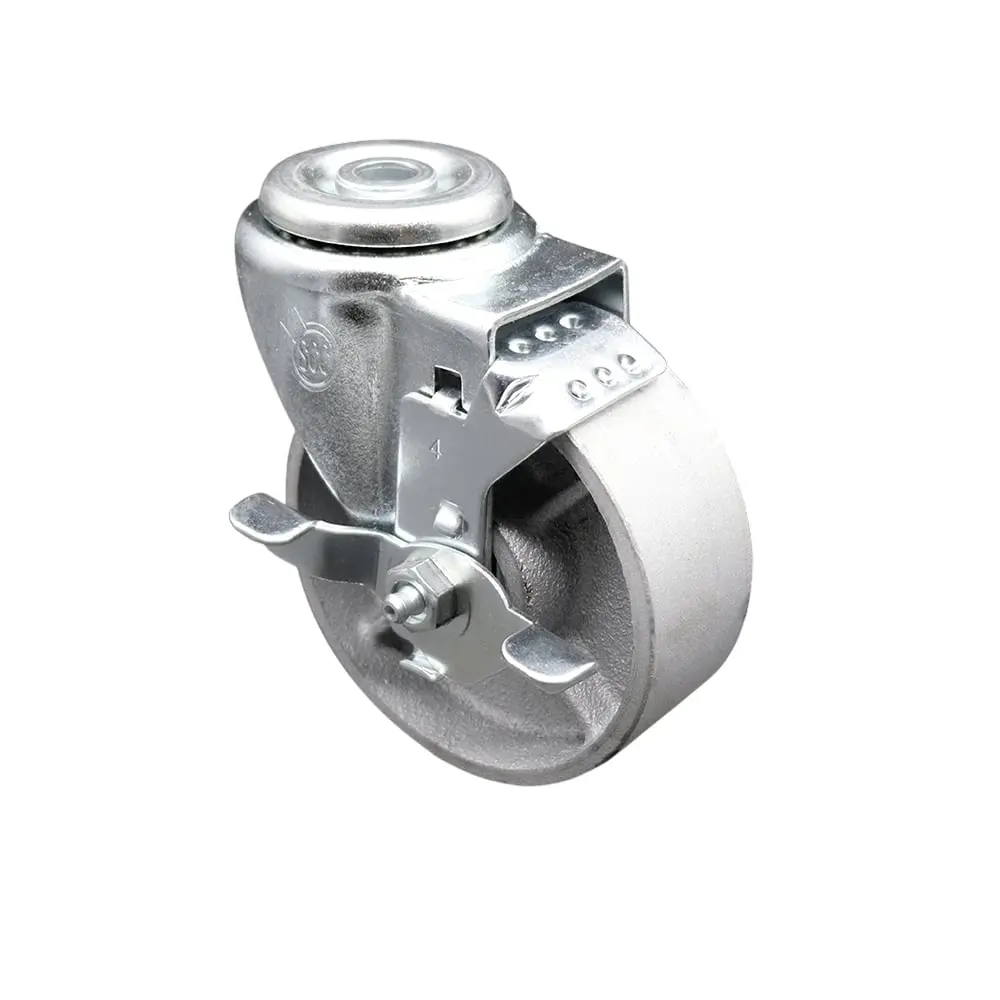 212 MAIN Semi Steel Cast Iron Swivel Bolt Hole Caster (SCC-BH20S415-SSR-TLB Model) - 4x1.5 in. Silver Smooth Metal, Swivel Wheels, Central Hole, Metal Bearing, Top Lock Brake, Abrasion Resistant, Bolt Mounting, Material Handling, Brake Capable, Furniture,