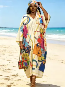 1dress+1headscarf Plus Size Luxury Bag Print Kaftan Dress With Matching Head Scarf 2 Piece Set Women Oversized Beach Cover Up Loose Muslim Abaya Resort Vacation Maxi Nightgown Summer