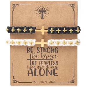 Orphic Hand-Knitted Cross Matching Couple Bracelets, Adjustable Christian Religious Faith-Inspirational Jewelry Gifts with Blessing Card for Him/Her