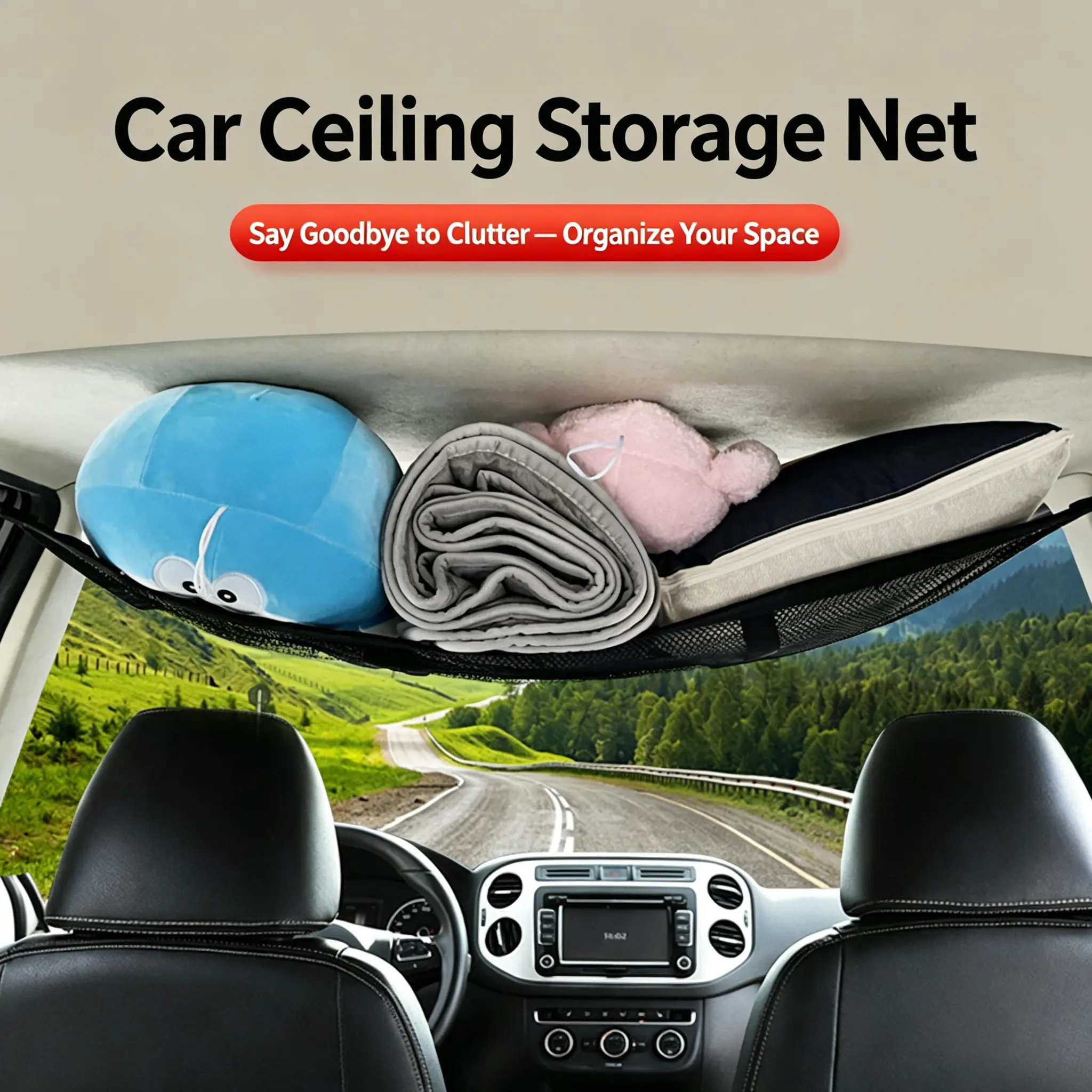 Upgrade Car Ceiling Cargo Net Pocket,31.5"x21.3" Double-Layer Roof Storage Organizer,Overhead Net for SUV & Van Camping,Travel Road Trips,Van Life Essentials,Fit 4 Handle Vehicles