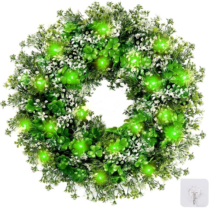 St. Patrick's Day 17.7’’ Shamrocks Wreath with 30 Green Lights Artificial Greenery Clover Wreath for Wall, Window, and Indoor Home Decor Ornaments Decoration Deer
