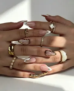 Melting Gold Nails | 10PCS 100% Handmade Press-On Nails | Reusable Acrylic Nails in Medium Almond｜Party Holiday Summer Nails | Salon Quality